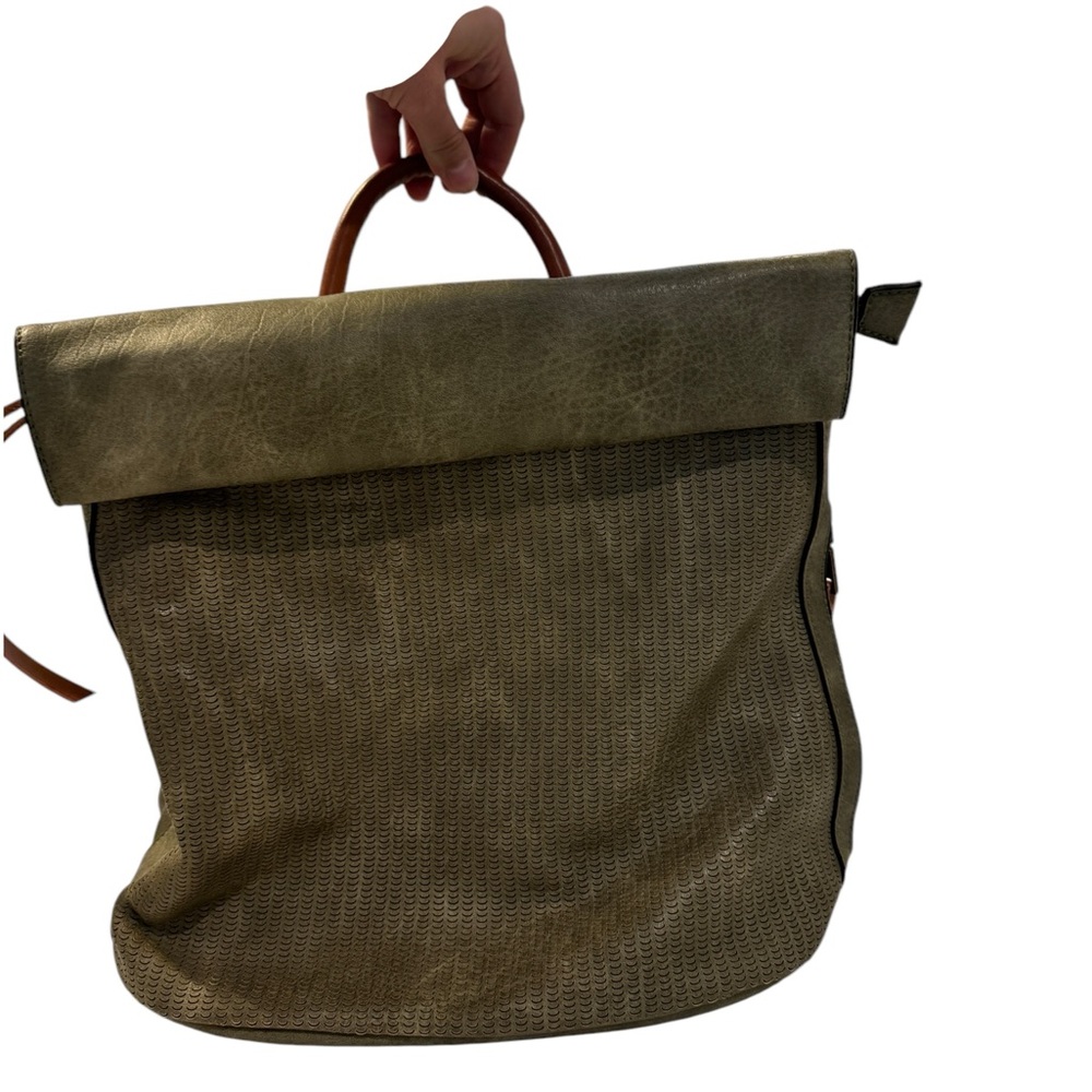 Olive Green Vegan Leather Backpack with Fold-Over Flap
